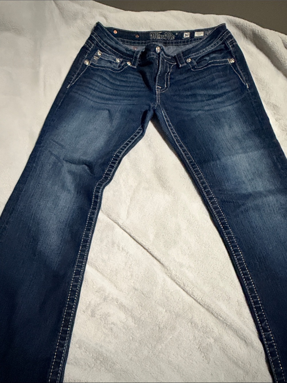 Miss Me Indigo Straight Leg Jeans with Fading
